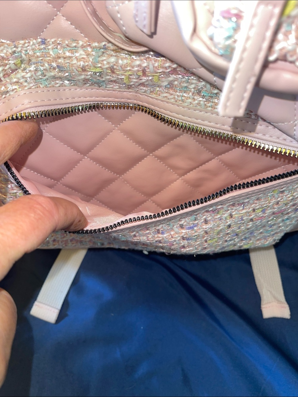 Quilted Pink Women's Backpack with Tweed Front Pocket and Gold Accents - Picture 5 of 8